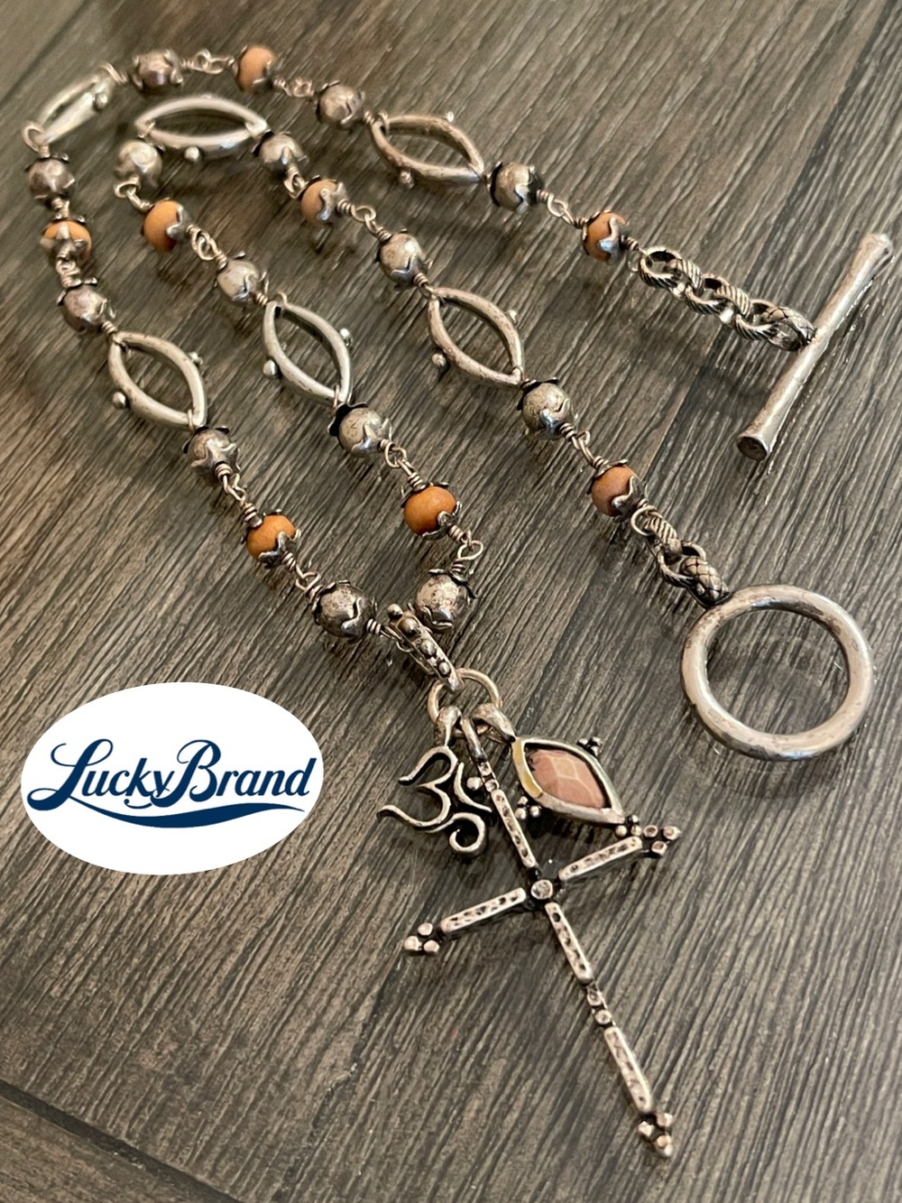 Lucky Brand Wooden Bead Rosary Style Toggle Necklace with Cross & Om Charm